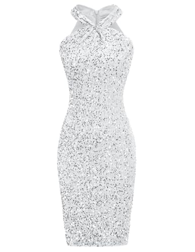 GRACE KARIN Women Bodycon Sequin Dresses Sexy Halter Dress Cocktail Club Dresses Silver XL