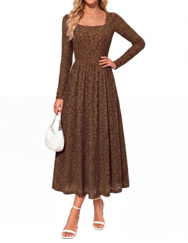 GRACE KARIN Women's Fall Wedding Guest Long Sleeve Midi Dress Coffee XL | Pockets,Floral Dresses,Elegant Square Neck Flowy A Line,High Waist,Cocktail Party, Bridal Shower,2026 Fashion