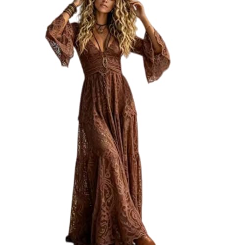 Womens Vintage Boho Wedding Dress Lace Bell Sleeve Deep V Western Maxi Gown (Coffee,Large)