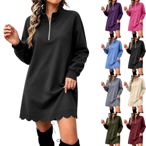 Women's Scalloped Sweatshirt Dress Oversized Quarter Zip Tunic Dresses 2026 | Mock Neck Sweater Dress Fall, Casual Jumper Dress, Loose Fit Long Sweatshirts, Wedding Guest, Cocktail Party Outfits Black