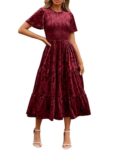 Simplee Velvet Dress for Women Semi Formal Short Sleeve Mock Neck Empire Waist Fall Winter Wedding Guest Dresses Wine Red,XL