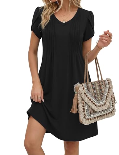 Zeagoo Black Dresses for Women Summer Dresses 2026 Short Sleeve Tshirt Dress with Pockets Casual A Line Dress V Neck, A-Black