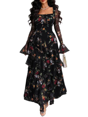 GothDark Black Floral Dresses for Women Black X-Large Fits US Size 12 to 14