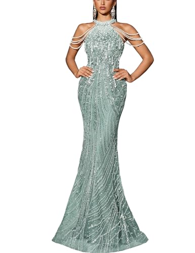 VOUIAO Women Sequin Mermaid Evening Gown Beaded Prom Dress Mint Blue M