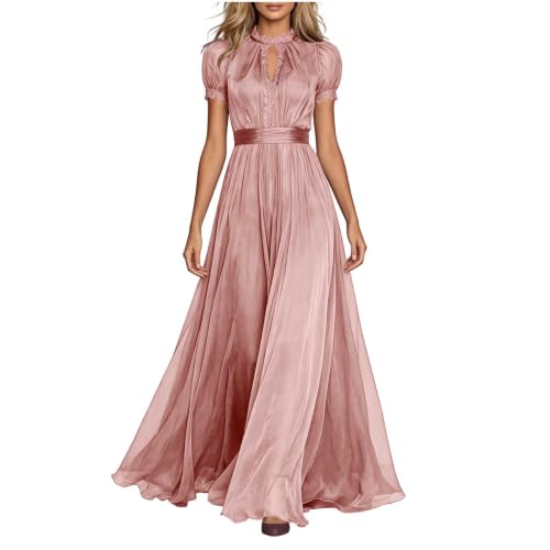 Women's Lace Evening Dress Puff Short Sleeve High Neck Maxi Gown | Luxurious Sheer Mesh Flowy Hem Long Dress, Keyhole Neckline Fitted Waist Outfits, Ideas for Elegant Wedding Guest Party