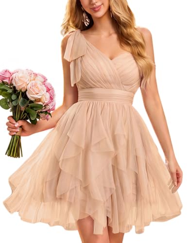 VOUIAO Women One Shoulder Tulle Bridesmaid Dress Formal Evening Gown Prom