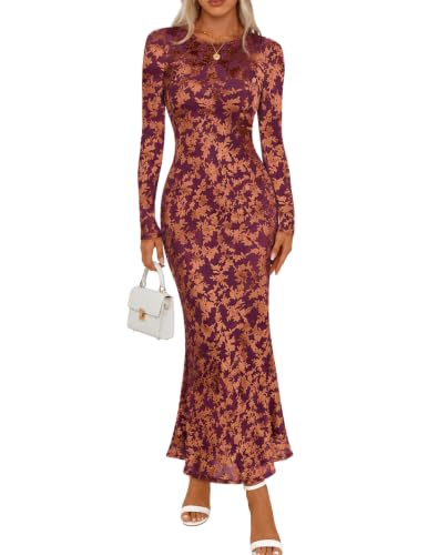 MEROKEETY Womens Fall Velvet Formal Wedding Guest Maxi Dress, Burgundy, S
