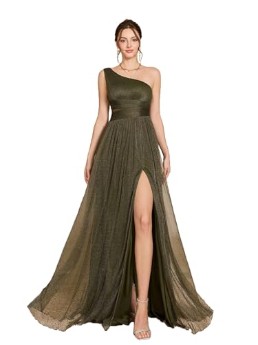 MIMIFINA Women's Glamorous One ShoulderLong Evening Dress with High Slit Waist Cinching for Weddings Party Army Green