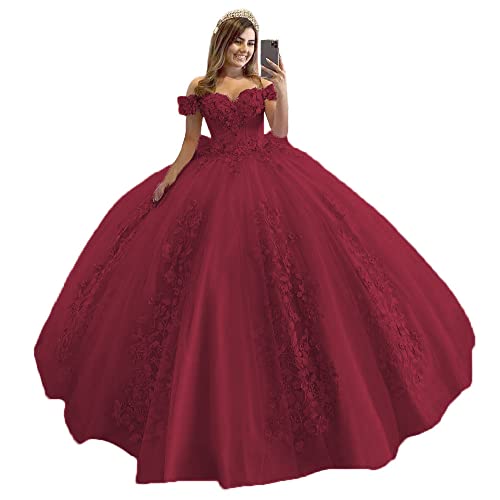 XYAYE Puffy Off Shoulder Lace Quinceanera Dresses 2026 Burgundy Size 8 | 3D Flowers Lace Beaded Quince Dresses, Glitter Pearl Sweet 16 Dresses, Sparkly Crystal 15 Years Dress