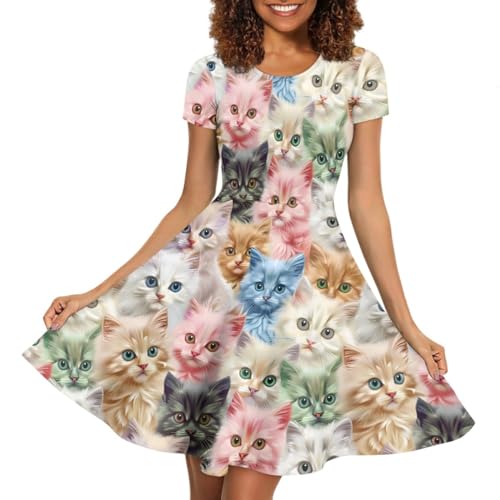 ENLACHIC Women's Summer Cute Cat Printed Dress Short Sleeve A Line Casual Flowy Swing Midi Dresses,XL