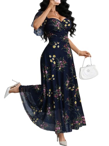 GothDark Women's Tea Length Dresses for Wedding Guest Blue Floral X-Large
