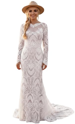 Lanbaodress White Lace Boho Wedding Dress 2026 Long Sleeve Mermaid Beach Bridal Gown with Sweep Train B Plus Size 16