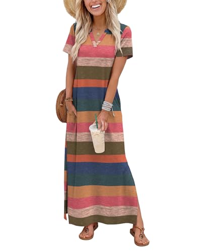 OFEEFAN Summer Dresses for Women 2026 Maxi Dress Spring Fall Clothes Short Sleeve Sundresses Vacation Travel Cruise Essentials Date Teacher Outfits Stripe M