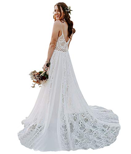 Women's Bohemian Wedding Dresses Spaghetti Strap with Adjustable Drawstring Lace Bridal Gowns (Picture Color,US16)