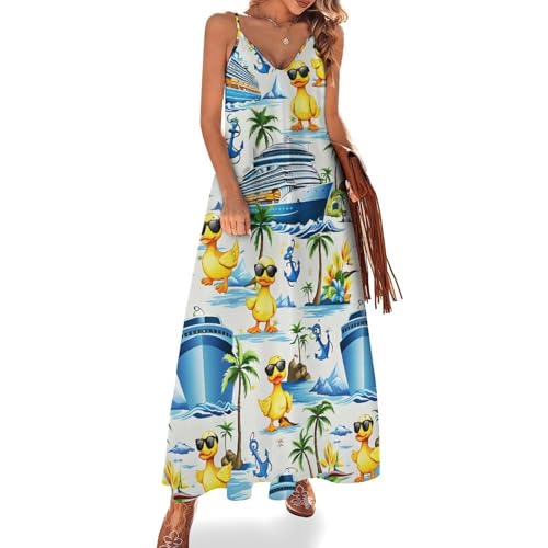 Women's Tropical Palms Rubber Duck Maxi Dress Sexy V Neck Spaghetti Strap Long Sundress, Medium