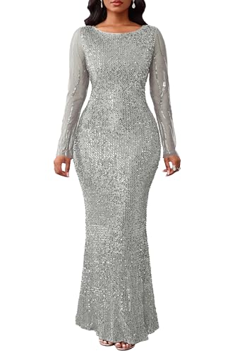 VERWIN Women's Sequins Bodycon Round Neck Long Sleeve Sparkly Mermaid Maxi Dress Casual Party Cocktail Gown M Gray