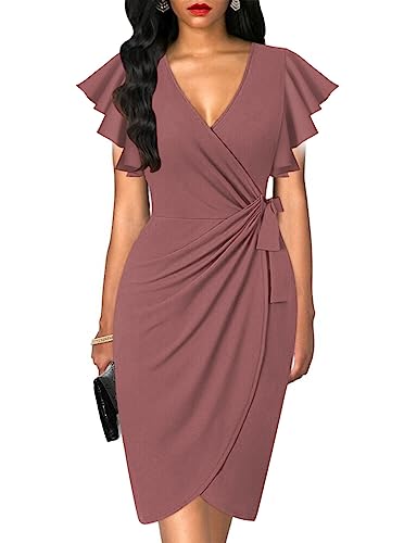 oten Womens Deep V Neck Ruffle Sleeves Cocktail Work Midi Dress, Brown, XL