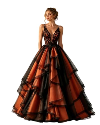 Dydsz Women V Neck Lace Prom Dresses Tiered Evening Formal Gown Orange 6