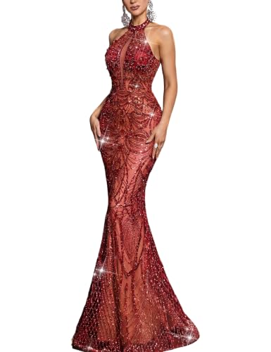 VOUIAO Women Beaded Prom Dresses Sequin Formal Evening Gown red XL