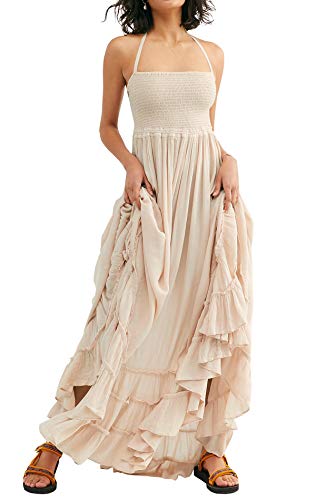 R.Vivimos Womens Summer Boho Sexy Backless Long Dresses, Beige, Large | Sleeveless Elastic Smocked, Flowy Ruffle Halter Maxi Dress for Beach Vacation, Cocktail, Wedding Party, Cruise, Photoshoot