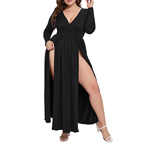 SILUI Women's Summer Dress Western Sexy Double High Slit Deep V Neck Plus Size Sundresses Thigh Split Maxi Club Party Dresses Black