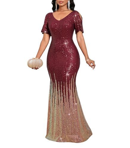 Cololura Women Sequin Short Sleeve Bodycon Prom Formal Maxi Evening Gown