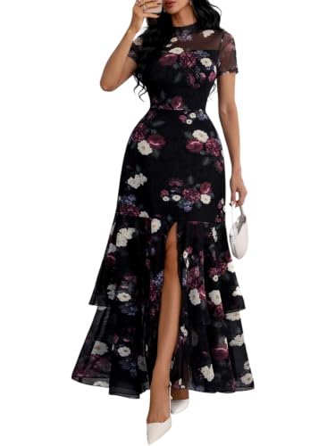 GothDark Women's Floral Maxi Dress Fall Dresses Purple Floral Medium | Fall Wedding Guest Dresses For Women, Bridal Shower Guest Dress, Elegant Wedding Guest Dress, Semi Formal Dress