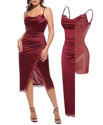 Popilush Satin Wedding Guest Dresses for Women Lace Corset Dress Red-3XL | All in One Design,Sexy Lace Trim Bra,Formal Prom Birthday Party,Ruched Tummy Control,Buttery Soft and Silky