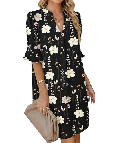AUSELILY Summer Floral Dresses, Flower Black L | V neck casual dress, Beach vacation work formal, Shift ruffle sleeve, with pockets