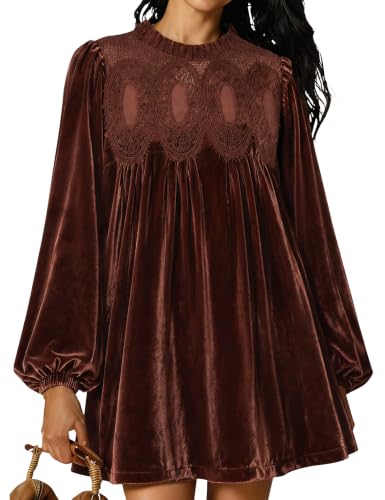 Huaqiao Womens A-Line Velvet Lace Overall Pleated Babydoll Mini Dress Casual Scallop Neck Flared Swing Dress(Brown-M)