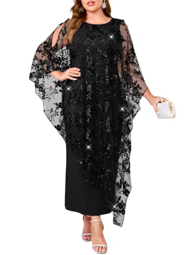 Plus Size Sequin Floral Evening Cape Dress Formal Gown, Black, 5X