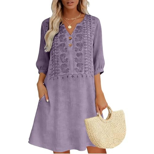 Women's Linen Dresses Elegant Vintage Floral Embroidered Midi Dress with Pockets Boho Lightweight Shirt Gauze Short Sleeve Dress Comfy House Dresses Vestido de Verano para Mujer Mexico Sundress