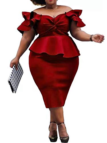 VERWIN Plus Size Women's Midi Dress Patchwork Short Sleeve Women's Bodycon Dress High Waist Dress (XXX-Large, Red)
