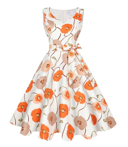 Girstunm 1950s Sleeveless Tea Party Swing Pockets Dress Lvory Flower M | A-Line Retro Cocktail Dress, Swing Casual Party Dress, Wedding Guest Dresses, Birthday Party Dress, Hepburn Style Dress