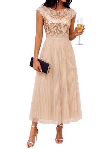 Ever-Pretty Women's Pleated Sequin Midi Formal Dresses Cocktail Dress Gold