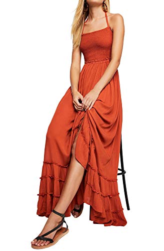 R.Vivimos Womens Summer Boho Sexy Backless Long Dresses, Orange, Medium