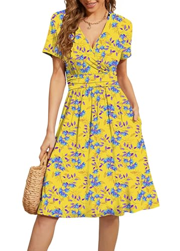 WEACZZY Womens Dresses Summer Sun Dresses Skater Flower Semi Formal A Line Flare Wear to Work Dress,Blue Leaf,XL