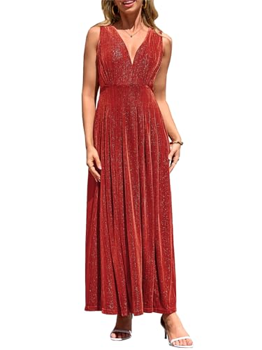 Flessibili Women's Silver Thread Velvet Maxi Dress Semi Formal Long Cocktail Dresses B#Silver Thread-Rust Medium
