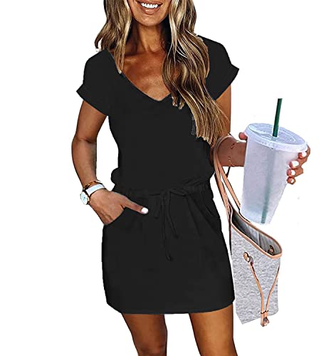 Womens Summer Dress Lantern Sleeve V Neck Tie Front Drawstring Mini Dress