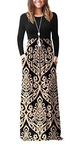 GRECERELLE Women Long Sleeve Casual Round Neck Loose Floral Maxi Long Dress with Pockets, Khaki, XL
