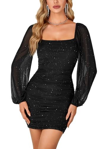 Rooscier Women's Glitter Bodycon Mini Dress Black Medium | Long Sleeve Square Neck Mesh Ruched Party Short Dresses