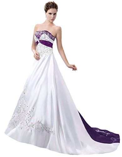 Snowskite Women's Strapless Satin Embroidery Wedding Dress 26 White&Purple