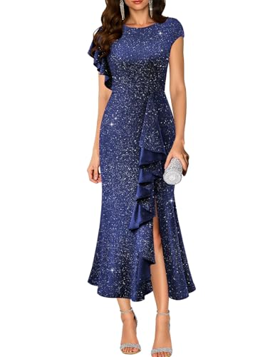 Women's Cocktail Dress 2026, Sequin Long Semi Formal Wedding Guest Navy M