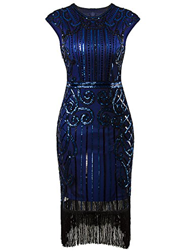 Vijiv 1920s Vintage Inspired Sequin Embellished Fringe Long Gatsby Flapper Dress,Blue,Small