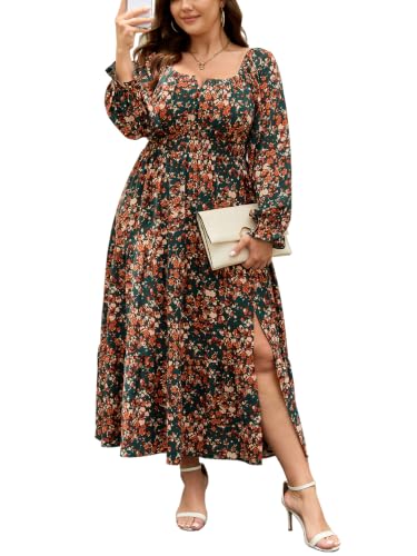 SCOMCHIC Womens Plus Size Formal Dress Fall Long Sleeve Square Neck Flowy A Line Tiered Side Split Wedding Guest Maxi Dress