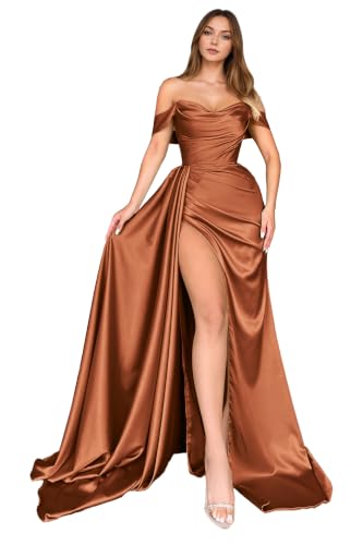 Dream Wedding Off Shoulder Satin Prom Dresses with Slit Terracotta 14 | Corset Back Bridesmaid Dress Long with Train Mermaid Split Formal Evening Gowns for Women DR0005