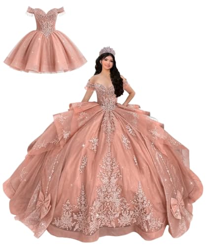Mauuwy 2 in 1 Quinceanera Dresses Rose Gold Sweet 15 Dress 16 Plus Size | Detachable Quinceanera Dress with Short Skirt, Layered Ball Gown, Off Shoulder Quinceanera Dresses, Tassels, for Prom