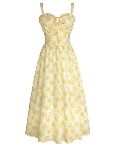 Summer Dresses for Women 2026 Floral Corset Maxi Dress Yellow 2XL | Smocked Back, Pockets, Flowy Chiffon, Lined, Milkmaid Sundress, for Wedding Guest, Tea Party, Vacation,Casual,Lined