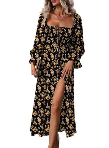 BLENCOT Women's Floral Square Neck Flounce Sleeve Dress Sexy Split Thigh Tie Front A-line Boho Maxi Dresses Black S
