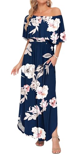 AUSELILY Womens Off Shoulder Ruffle Split Summer Maxi Dresses with Pockets